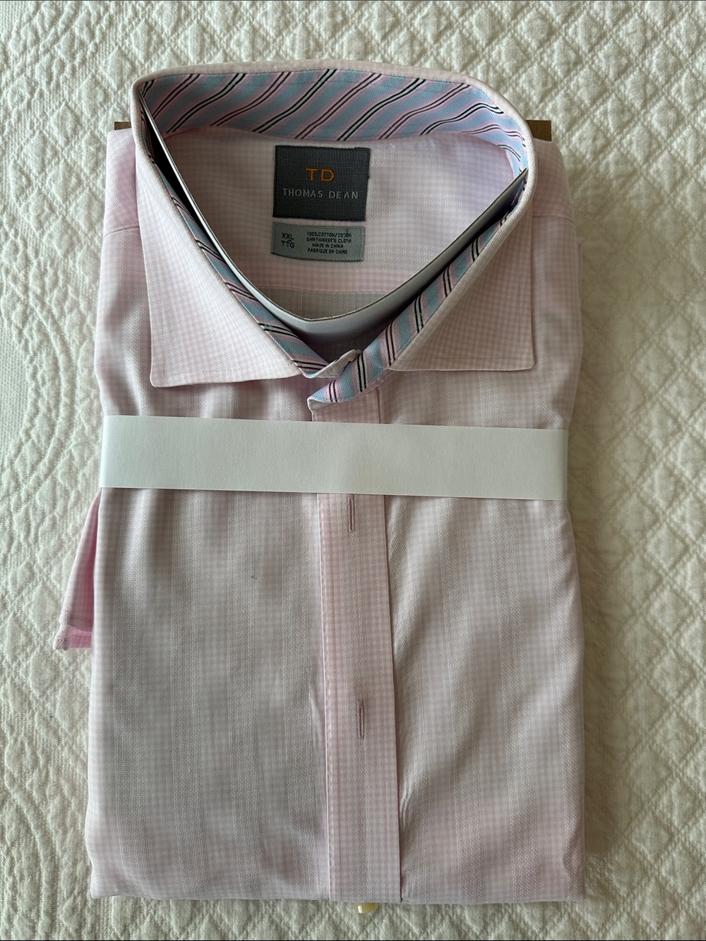 Thomas Dean Pink Micro-Check Dress Shirt with Contrast Stripe Collar
